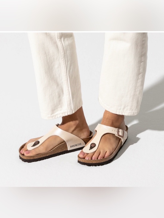 Birkenstock Shoes - Birkenstock Gizeh Gold Leather T-Strap Toe Sandals